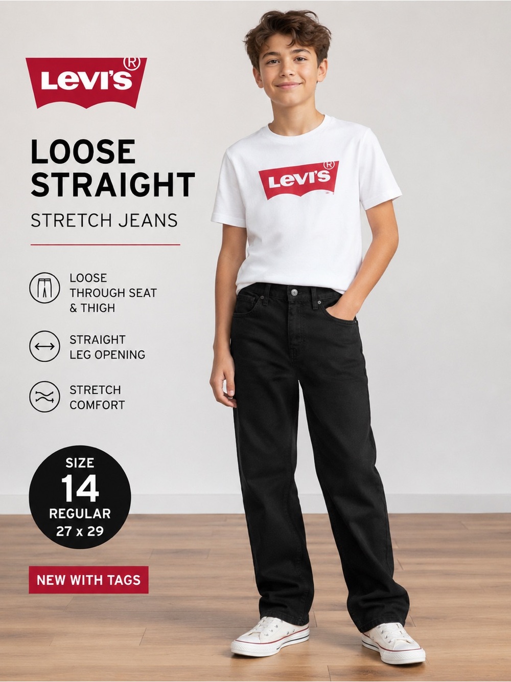Levi’s Kids Size 14 Loose Straight Stretch Black Jeans 27x29 NWT